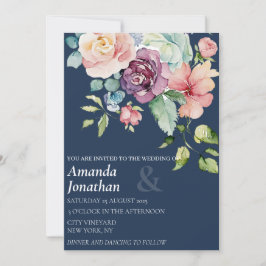 Navy Blue Waterverf Floral Wedding Kaart