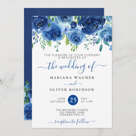 Navy Blue Waterverf Floral Wedding Kaart (Voorkant / Achterkant)