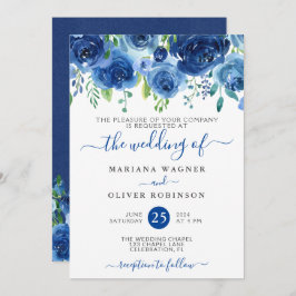 Navy Blue Waterverf Floral Wedding Kaart