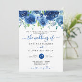 Navy Blue Waterverf Floral Wedding Kaart (Staand voorkant)