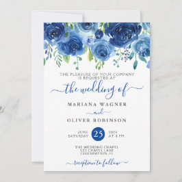 Navy Blue Waterverf Floral Wedding Kaart