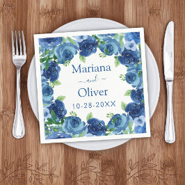Navy Blue Waterverf Floral Wedding Paper Napkins Servet