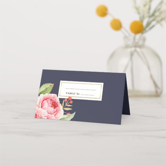 Navy Blue Waterverf Floral Wedding Plaatskaartje (Voorkant)