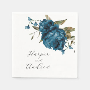 Navy Blue Waterverf Floral Wedding Servet