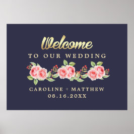 Navy Blue Waterverf Floral Wedding Welcome Sign Poster
