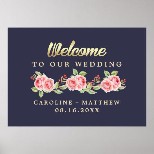 Navy Blue Waterverf Floral Wedding Welcome Sign Poster (Voorkant)