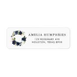 Navy Blue Waterverf Floral WreatGold Address Etiket