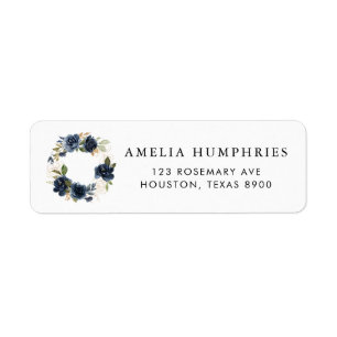 Navy Blue Waterverf Floral WreatGold Address Etiket