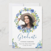 Navy Blue Waterverf Floral Wreath Afstuderen foto Kaart (Voorkant)