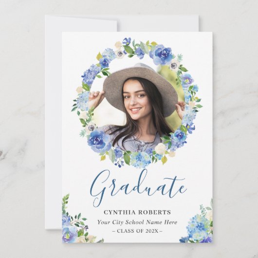 Navy Blue Waterverf Floral Wreath Afstuderen foto Kaart (Voorkant)