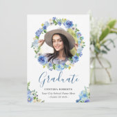 Navy Blue Waterverf Floral Wreath Afstuderen foto Kaart (Staand voorkant)