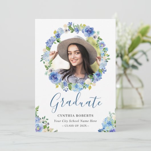 Navy Blue Waterverf Floral Wreath Afstuderen foto Kaart (Staand voorkant)