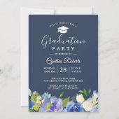 Navy Blue Waterverf Floral Wreath Afstuderen foto Kaart (Achterkant)