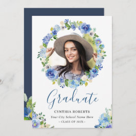 Navy Blue Waterverf Floral Wreath Afstuderen foto Kaart