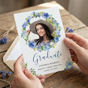 Navy Blue Waterverf Floral Wreath Afstuderen foto Kaart