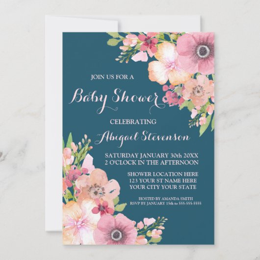 Navy Blue Waterverf Flowers Baby shower Kaart (Achterkant)