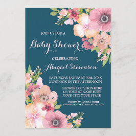 Navy Blue Waterverf Flowers Baby shower Kaart