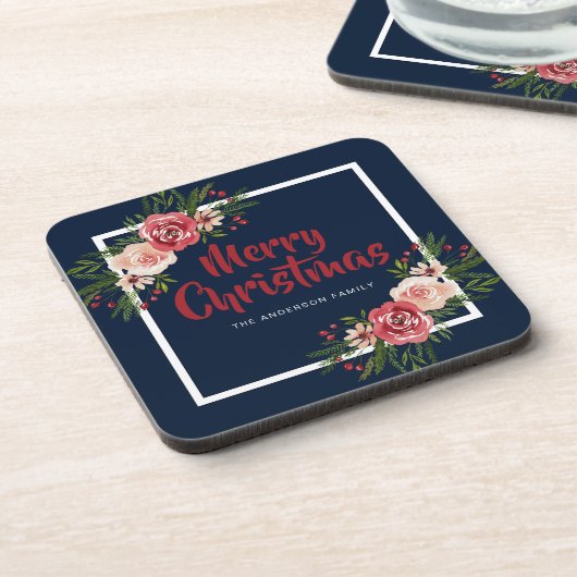 Navy Blue Waterverf Flowers kerst Bier Onderzetter (Linkerzijde)