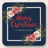 Navy Blue Waterverf Flowers kerst Bier Onderzetter (Voorkant)