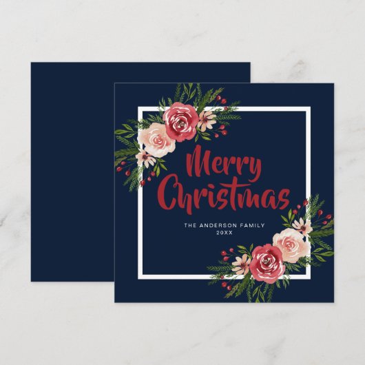 Navy Blue Waterverf Flowers Kerst Kaart