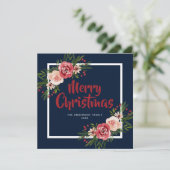 Navy Blue Waterverf Flowers Kerst Kaart (Staand voorkant)