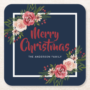 Navy Blue Waterverf Flowers kerst Kartonnen Onderzetters