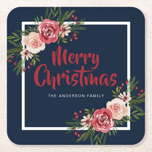 Navy Blue Waterverf Flowers kerst Kartonnen Onderzetters (Voorkant)