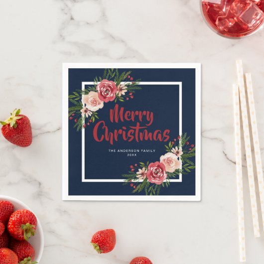 Navy Blue Waterverf Flowers kerst Servet (Insitu)