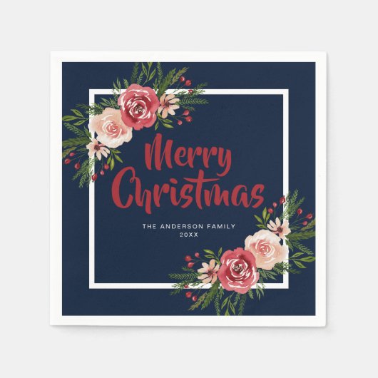 Navy Blue Waterverf Flowers kerst Servet (Voorkant)