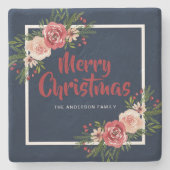 Navy Blue Waterverf Flowers kerst Stenen Onderzetter (Voorkant)