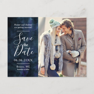 Navy Blue Waterverf Foto Save the Date Aankondigingskaart