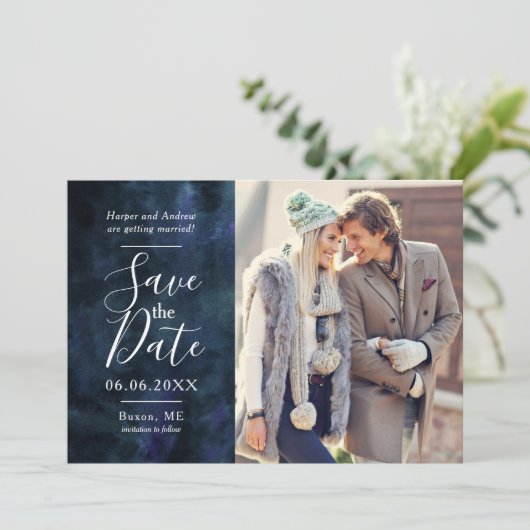 Navy Blue Waterverf Fotocollage De datum opslaan Save The Date (Staand voorkant)