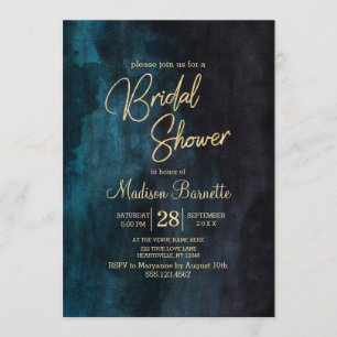 Navy Blue Waterverf Gold Bridal Shower Invitation Kaart