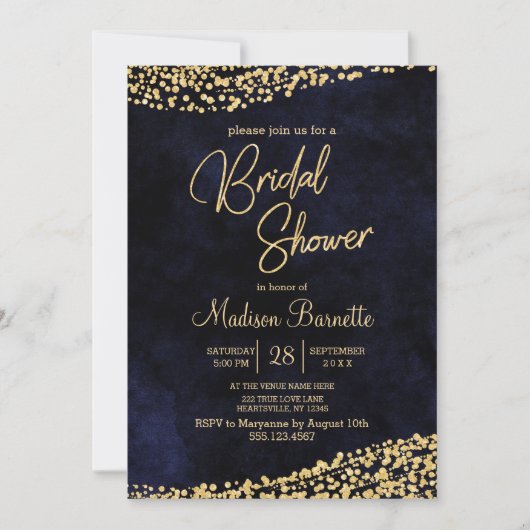 Navy Blue Waterverf Gold Bridal Shower Invitation Kaart (Voorkant)