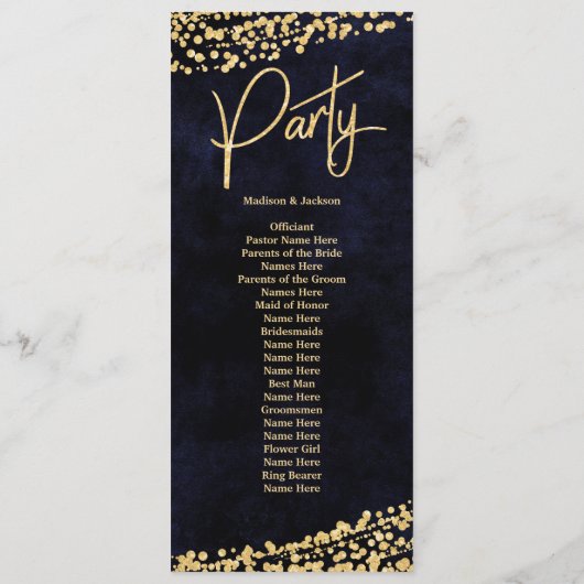 Navy Blue Waterverf Gold Confetti huwelijksprogram Programmakaart (Achterkant)