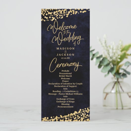 Navy Blue Waterverf Gold Confetti huwelijksprogram Programmakaart (Staand voorkant)