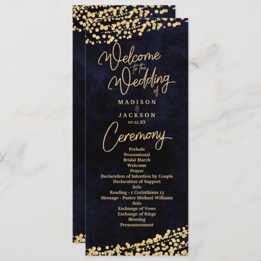 Navy Blue Waterverf Gold Confetti huwelijksprogram Programmakaart (Voorkant / Achterkant)