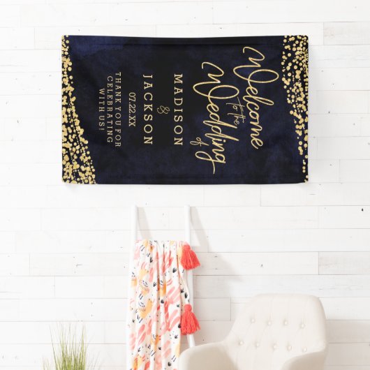 Navy Blue Waterverf Gold Confetti Weddenschap Welk Spandoek (Insitu)