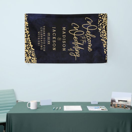 Navy Blue Waterverf Gold Confetti Weddenschap Welk Spandoek (Beurs)
