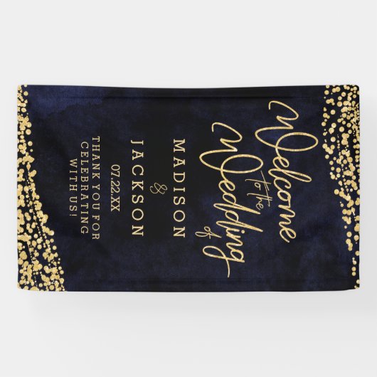 Navy Blue Waterverf Gold Confetti Weddenschap Welk Spandoek (Horizontaal)
