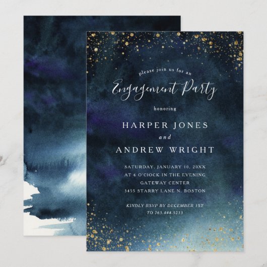 Navy Blue Waterverf Gold Glitter Engagement Party Kaart (Voorkant / Achterkant)