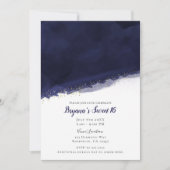 Navy Blue Waterverf & Gold Modern Chic Sweet 16 Kaart (Voorkant)