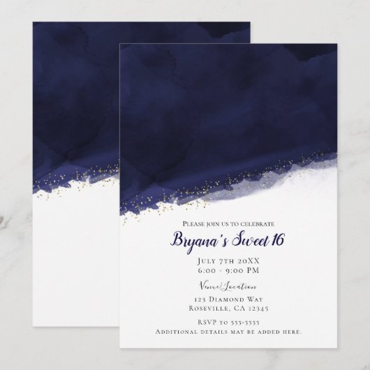 Navy Blue Waterverf & Gold Modern Chic Sweet 16 Kaart (Voorkant / Achterkant)
