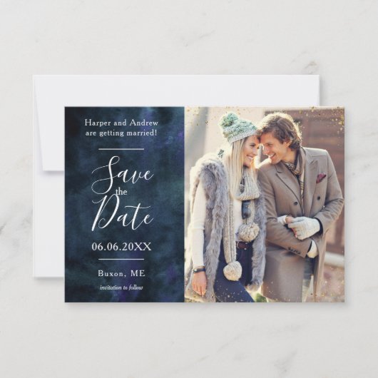Navy Blue Waterverf Gold Sparkles Custom Foto Save The Date (Voorkant)