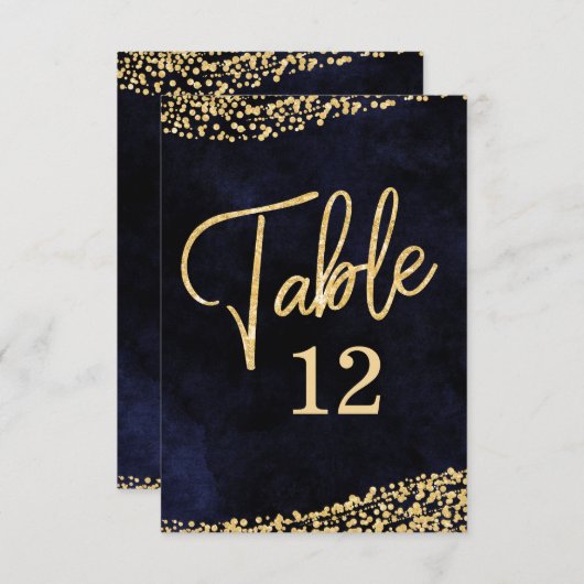 Navy Blue Waterverf & Gold Table Number Seating Kaart (Voorkant / Achterkant)