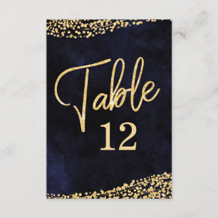 Navy Blue Waterverf & Gold Table Number Seating Kaart