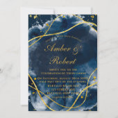Navy Blue Waterverf Gold Wedding Invitations (Voorkant)