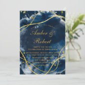 Navy Blue Waterverf Gold Wedding Invitations (Staand voorkant)