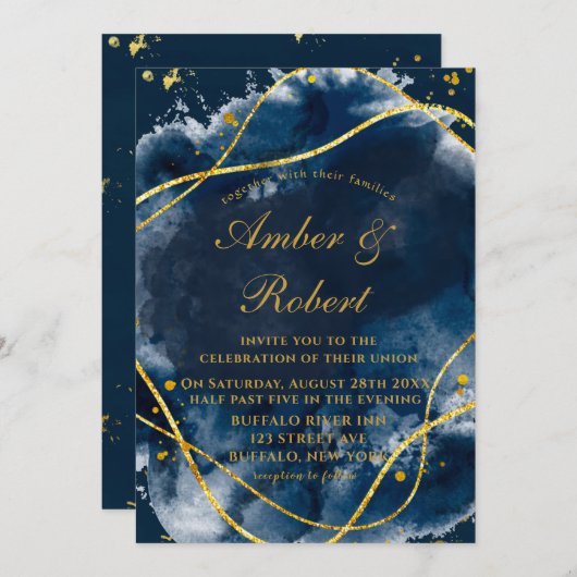 Navy Blue Waterverf Gold Wedding Invitations (Voorkant / Achterkant)