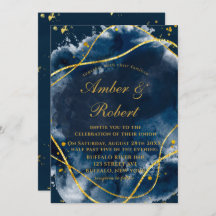 Navy Blue Waterverf Gold Wedding Invitations